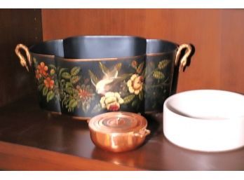 Antique Copper Chemistry Water Bath Pan, Decorative Crafts Centerpiece Basket With Swan Head Handles, Bord