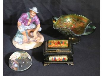 Glass Candy Dish, Friends Paperweight, Lacquered Box With Dancing Scenes & Royal Doulton Beach Comber HN