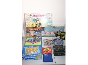 Board Games - Risk, Simpsons, Volcano, Ravensburger Puzzle, Card Shuffler, Game Of Knowledge As Pictured