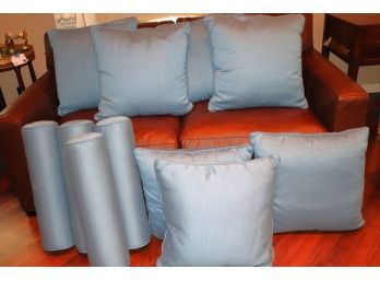 Collection Of Blue Corded Fabric Outdoor 7 Square Zipper Pillows Approximately 21 X 21 Tall. Includes 4 B