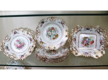 Beautiful Set Of Antique Hand Painted Floral Victorian Porcelain With Gold Trim, Includes 6 Plates & 2 Ped
