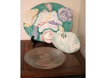Large Fish Platter Made In Italy 7558, Signed Art Vase By Deung With Swirl Design, Large Swirled Glass Dis
