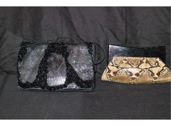 Grace Ann Agostino Black Leather Handbag With Beads & Snakeskin Clutch