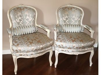 Vintage Custom Finished Saturn Jacquard French Country Armchairs In A Blue Fabric With Floral Detail