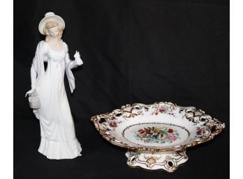 .'Dainty Lady' Lladro Figurine 4934 Lady With A Hat And Scarf & Antique Hand Painted Pedestal Dish