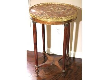 Vintage French Louis The 16th Style Side Table With Brass Gallery Rail & Mosaic Like Stone Top