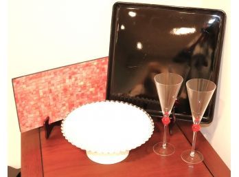 Fenton Silver Crest Pedestal Dish, Mosaic, Tray, & Champagne Flutes