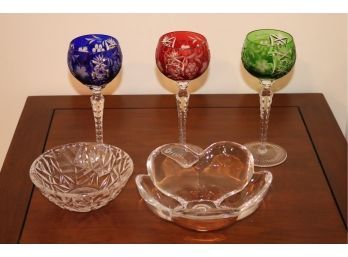 Orrefors Floral Dish, Tiffany & Co Crystal Dish, Large Colorful Bohemian Wine Glasses