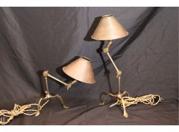 Pair Of Vintage Brass Industrial Style Adjustable Desk Lamps With A Copper Metal Shades