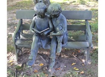 Large Bronze Garden Statue Depicting Children Reading On A Bench, Impressive Piece!