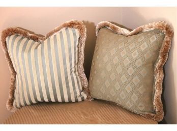 2 Fabulous Pillows With Elegant Custom Diamond & Striped Pattern Linen Fabrics, Nice Neutral Tones, 18 Inc