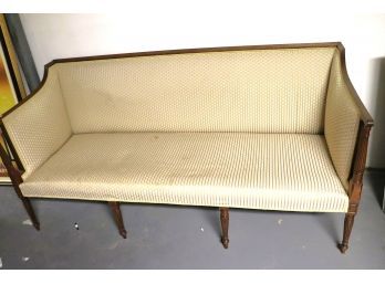 Antique Carved Wood Sofa With Striped Linen Fabric