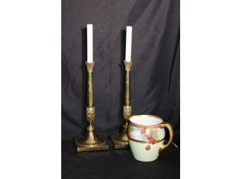 Pair Of Elegant Brass Table Lamps Candle Lamps Includes A Small JPL France E. Dupont 1920 Hand Painted Pi