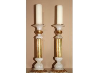 Vintage Lorin Marsh Signed Stone Candle Pillars Made In Italy With Gilded Detail, Substantial Pieces