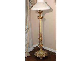 Vintage Wood Floor Lamp With A Gorgeous Silk Pleated Shade