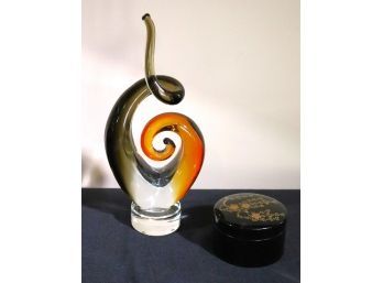 Blown Glass Art Sculpture With Smoke & Amber Colored Tones Includes 5-Piece Lacquer Coaster Set With Conta