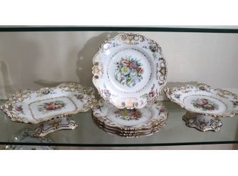 Beautiful Set Of Antique Hand Painted Floral Victorian Porcelain With Gold Trim, Includes 5 Plates & 2 Ped