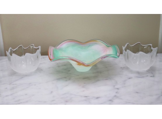 Pair Of Frosted Bowls With Scalloped Edges & A Beautiful Multicolored Murano Art Glass Bowl With A Wavy/Ri