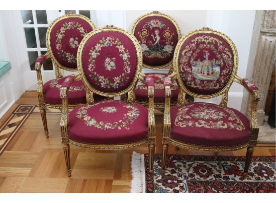 Set Of 4 1940s Louis The 16th Style Parlor/Ballroom Chairs With Gold Leaf Finish. Very Victorian/ Floral