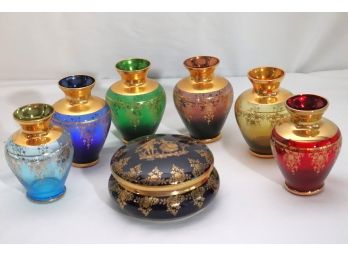 Beautiful Set Of 6 Multi Colored Glass Italian Glass Vases With Gold Tone Detail & Vintage French Limoges C