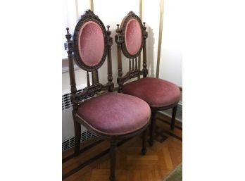Set Of 2 Antique, Victorian Carved Wood Accent Chairs With A Custom Plum Colored Fabric, Very Soft To Touc