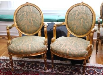 Pair Of Stunning Gilt Wood Louis 16th Style French Parlor Chairs Excellent Condition W Custom Upholstery,