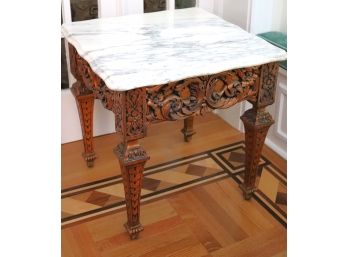 Highly Carved French Style Side Table With A Marble Top, With A Beveled Ogee Edge,