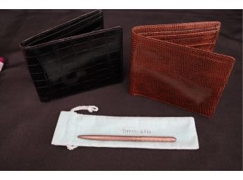Vintage Tiffany & Co Sterling Pen Germany With Pouch & Leather Reptile Pattern Wallets