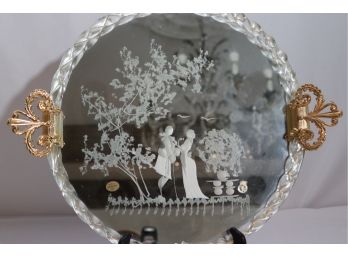 Etched Mirror Murano Vanity Tray, Scene Of Courting Lovers Under A Cherry Blossom Tree, Brass Handles & Bra