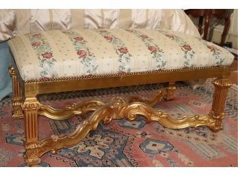 Vintage Empire Style Bench With Custom Floral Linen Upholstery. With Brass Nailhead