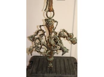 Vintage Art Nouveau Style Chandelier With Bow Detailing And Glass Shades.