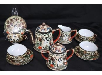 Antique Japanese Tea Set With Moriage Highlighted Detail.