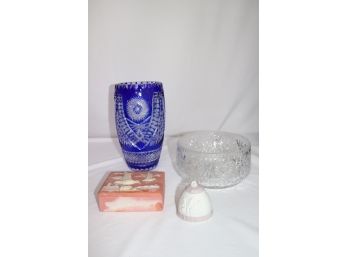 Blue European Crystal Vase, Lladro Bell 1987, Carved Resin Trinket Box, Cut Crystal Bowl