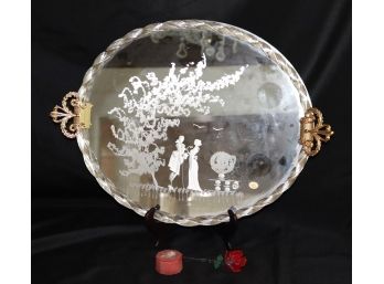Etched Mirror Murano Vanity Tray From A Factory In Italy, Pretty Scene Of Courting Lovers Under A Cherry B