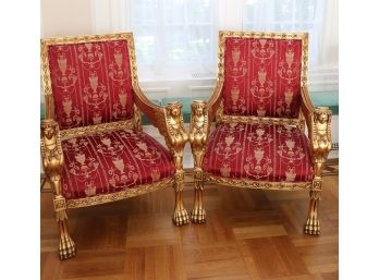 Empire/ Napoleon Style Gilt Wood Chairs With Carved Paw Feet And Carved Egyptian Faces On The Arms Fabulous P