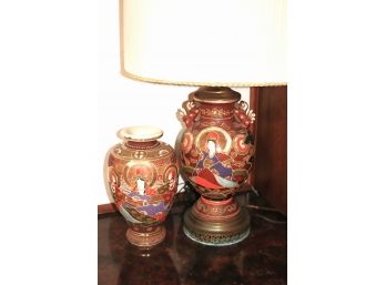 Vintage Japanese Satsuma Hand Painted Lamp With Vase.
