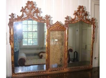Vintage Double Wood Mirror  With Ornate Carved Crown Detail