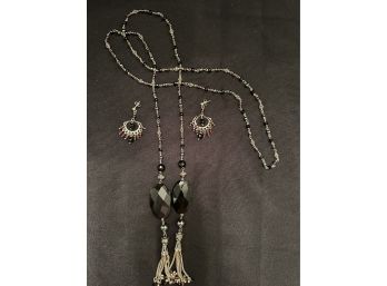 Open Long Necklace Sterling, Onyx And Garnet W Tassle And Chandelier Earrings