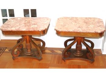 Pair Of Vintage French Style Mahogany Side Tables  Pink Marble Stone Top.