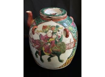 Antique Chinese Tea Pot With Hand, Painted Designs