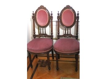 Set Of 2 Antique, Victorian Carved Wood Accent Chairs With A Custom Plum Colored Fabric, Very Soft To Touc