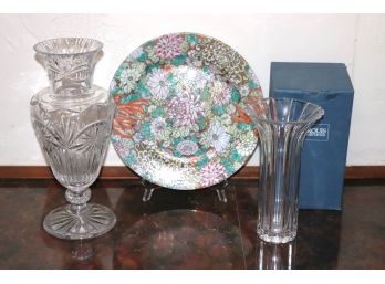 Gorham Crystal Vase & Waterford Marquis Crystal Vase, Floral Asian Plate With Marking On The Back