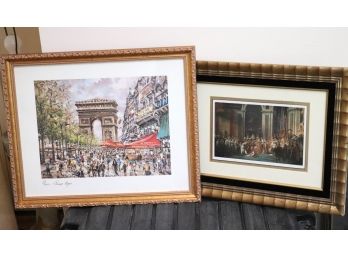 2 Framed Vintage Prints Paris Street Scene And The Crowning Of Napolean.