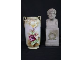 Early 20th Century HandPainted Japanese Vase & Signed Stone Bust.