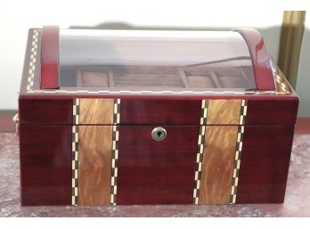 Fine Burlwood Jewelry/Watch Box With Beautiful Inlay Detail Along The Edges, With Removable Watch Inserts