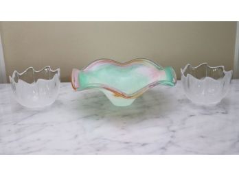 Pair Of Frosted Bowls With Scalloped Edges & A Beautiful Multicolored Murano Art Glass Bowl With A Wavy/Ri