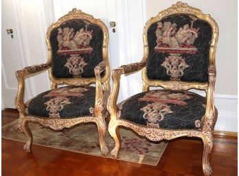 Pair Of Vintage French Country Padded Arm Chairs With A Distressed Finish. Nail Head Accents, Linen Fabric