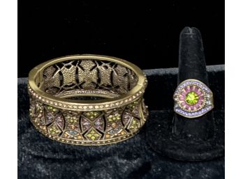 Heidi Daus Goldtone Bracelet With Glittering Stones Plus Pretty Sparkly Ring Size 9 3/4