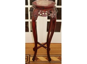Asian Style Carved Wood Pedestal With A Marble Insert At The Top, Carved Floral Detailing Throughout