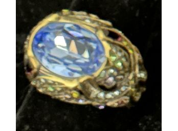 Heidi Daus Signed Goldtone Ring With Lively Blue Center
